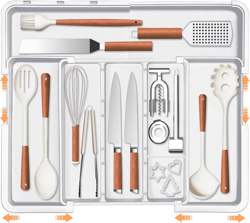 Spaclear Large Utensil Drawer Organizer Expandable Silverware Organizer for Kitchen Drawer Adjustable Cooking Utensil Holder Cutlery Flatware Tray Spatula Tools Gadgets Storage Dividers Plastic White - Image 1